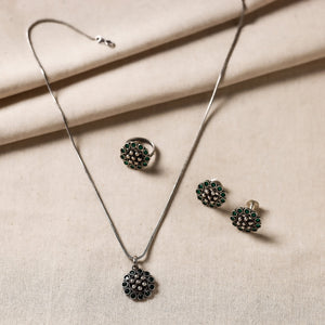 Antique Silver Finish Oxidised Brass Base Stone Work Necklace Set with Ring