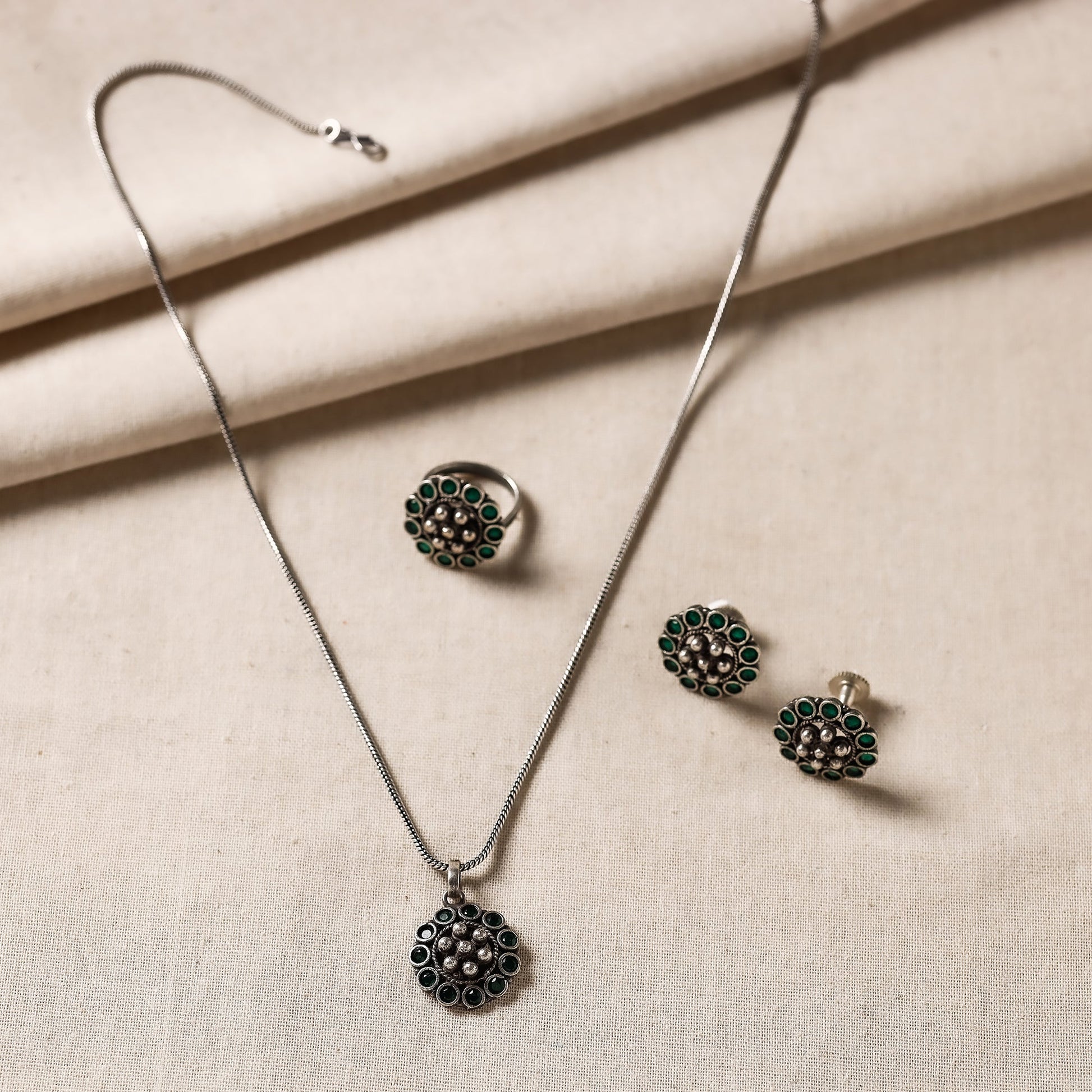 Antique Silver Finish Oxidised Brass Base Stone Work Necklace Set with Ring