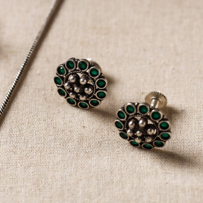 Antique Silver Finish Oxidised Brass Base Stone Work Necklace Set with Ring