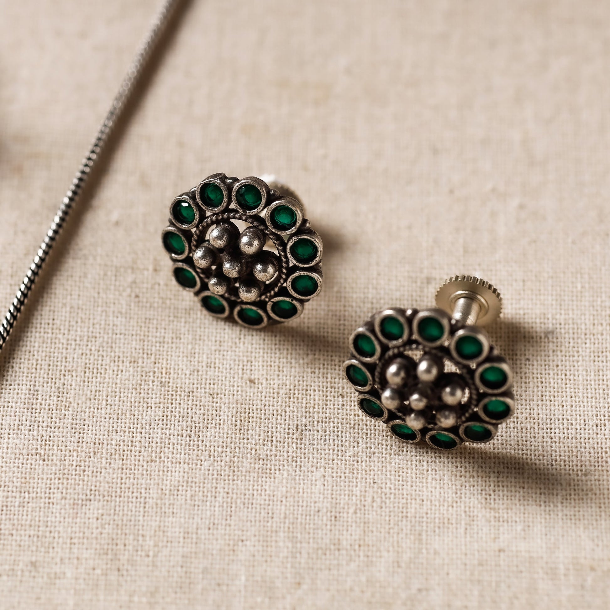 Antique Silver Finish Oxidised Brass Base Stone Work Necklace Set with Ring