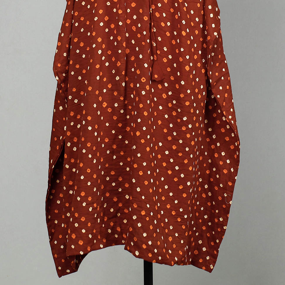 Brown - Bandhani Tie-Dye Cotton Kaftan with Tie-Up Waist (Long)