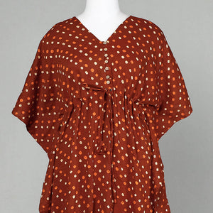 Brown - Bandhani Tie-Dye Cotton Kaftan with Tie-Up Waist (Long)