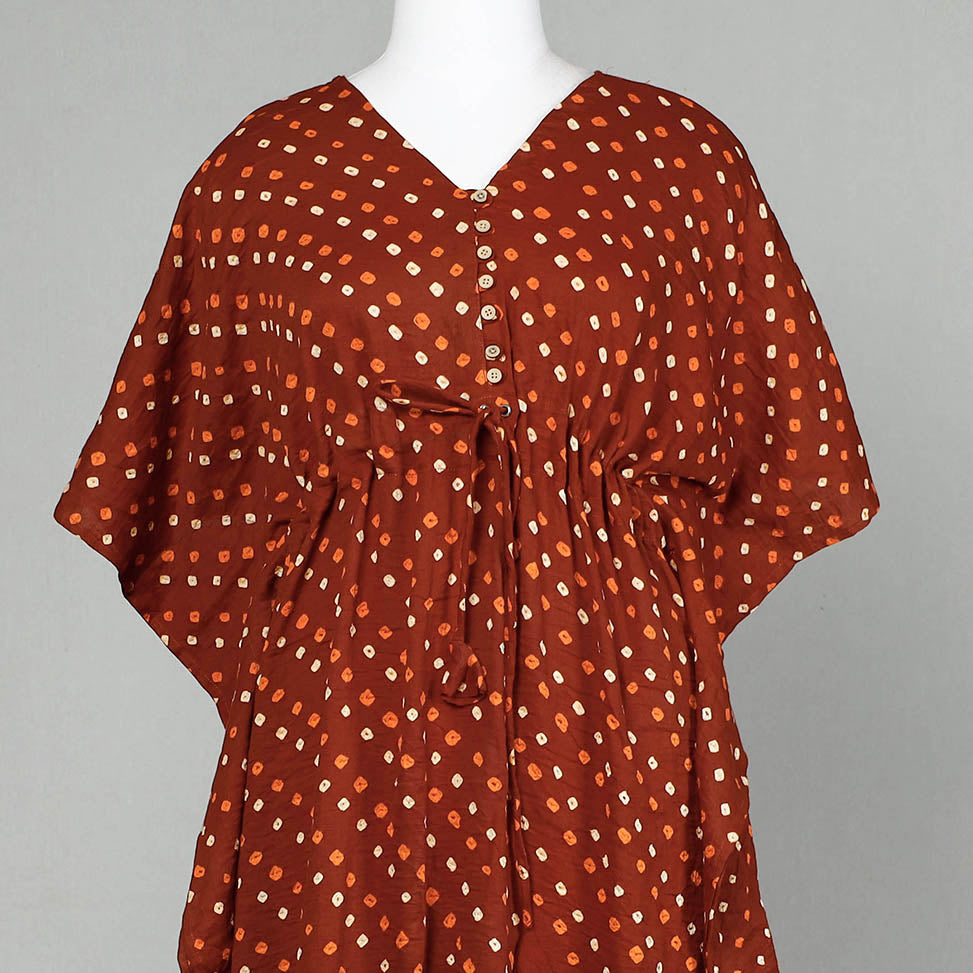 Brown - Bandhani Tie-Dye Cotton Kaftan with Tie-Up Waist (Long)