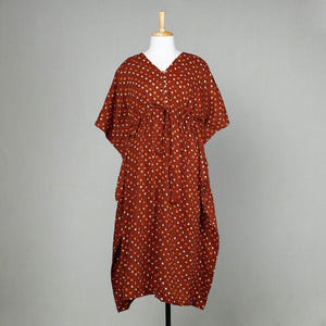 Brown - Bandhani Tie-Dye Cotton Kaftan with Tie-Up Waist (Long)