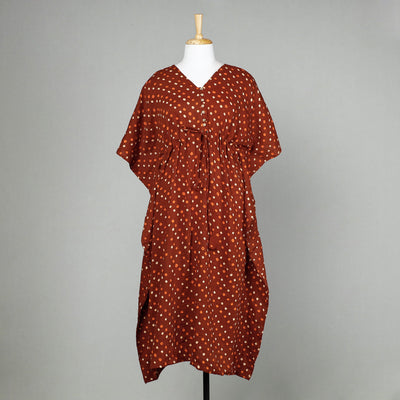 Brown - Bandhani Tie-Dye Cotton Kaftan with Tie-Up Waist (Long)