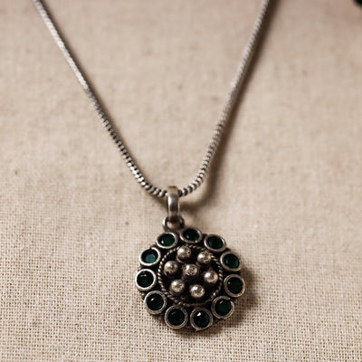 Antique Silver Finish Oxidised Brass Base Stone Work Necklace Set with Ring