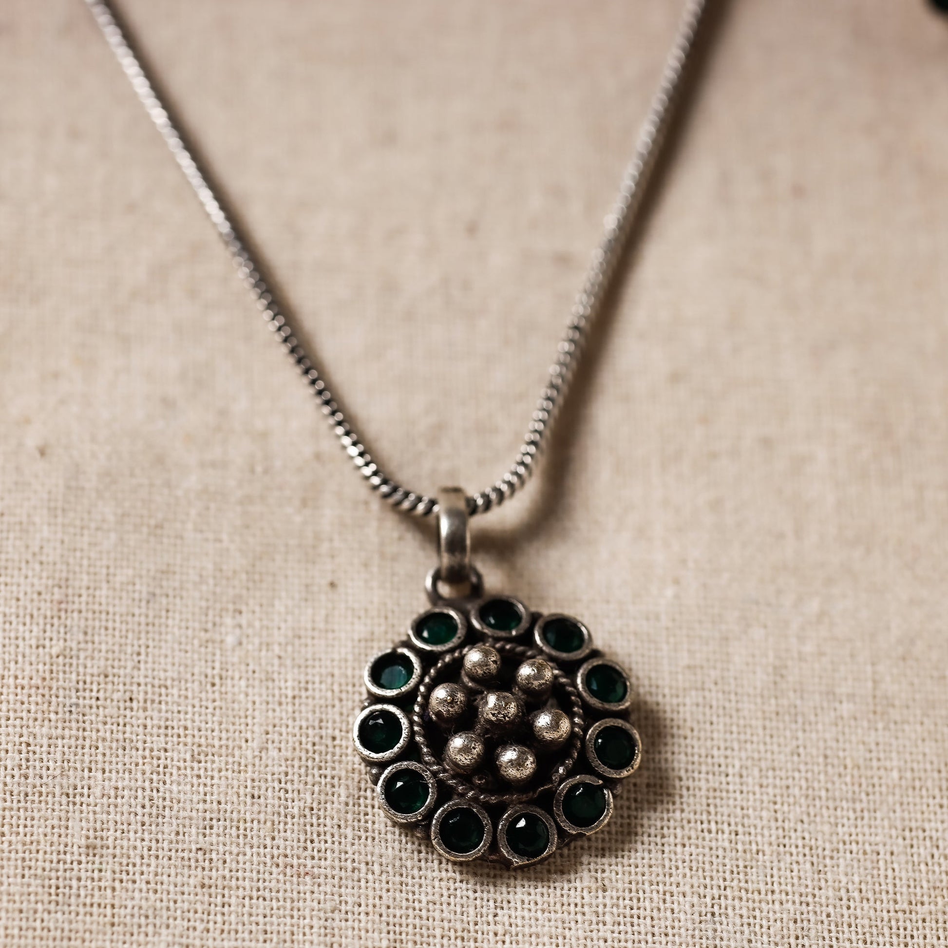 Antique Silver Finish Oxidised Brass Base Stone Work Necklace Set with Ring