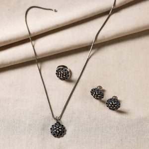 Antique Silver Finish Oxidised Brass Base Stone Work Necklace Set with Ring