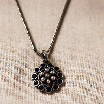 Antique Silver Finish Oxidised Brass Base Stone Work Necklace Set with Ring