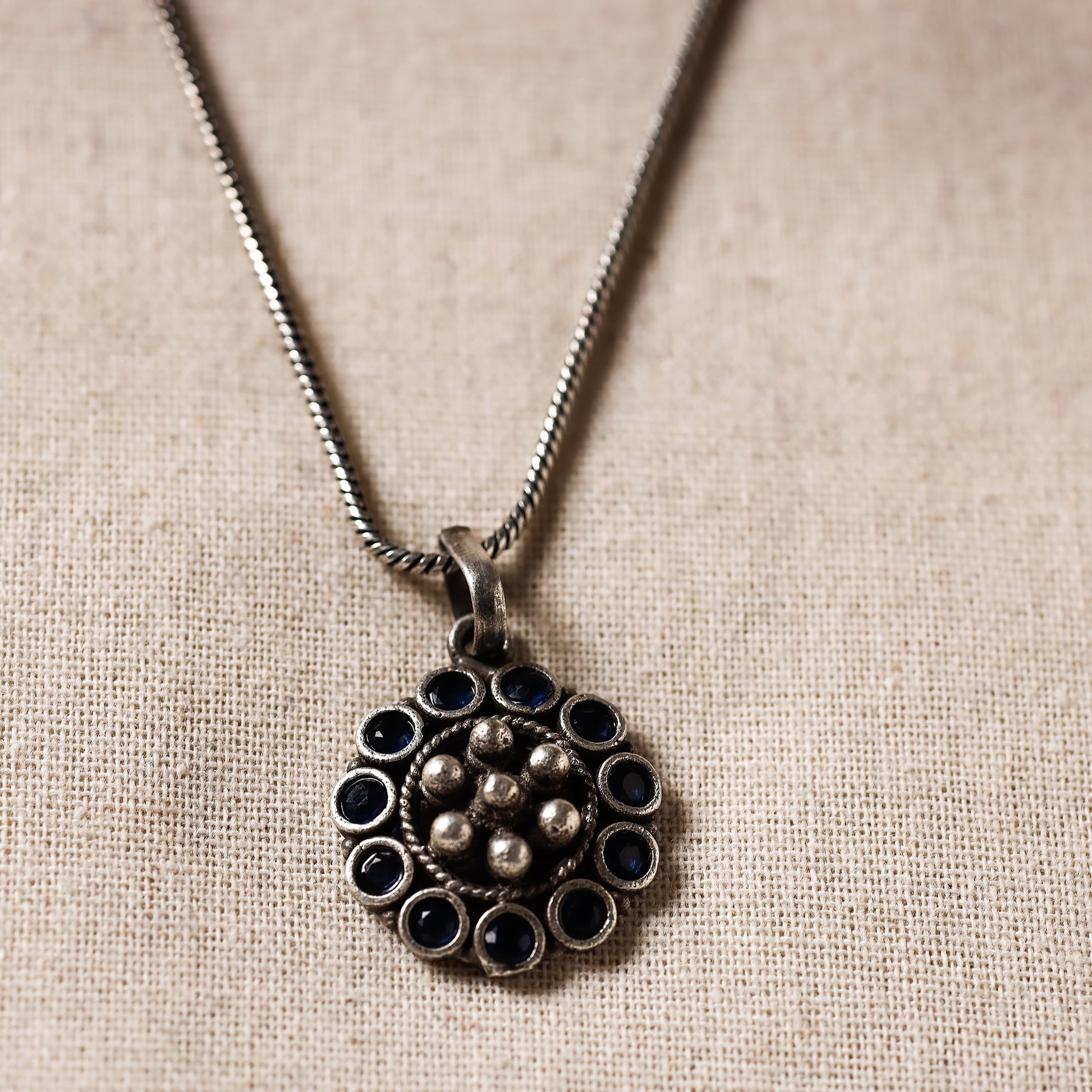 Antique Silver Finish Oxidised Brass Base Stone Work Necklace Set with Ring