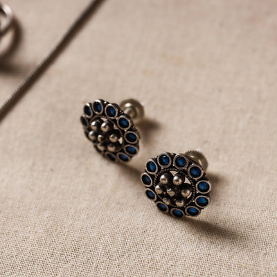 Antique Silver Finish Oxidised Brass Base Stone Work Necklace Set with Ring