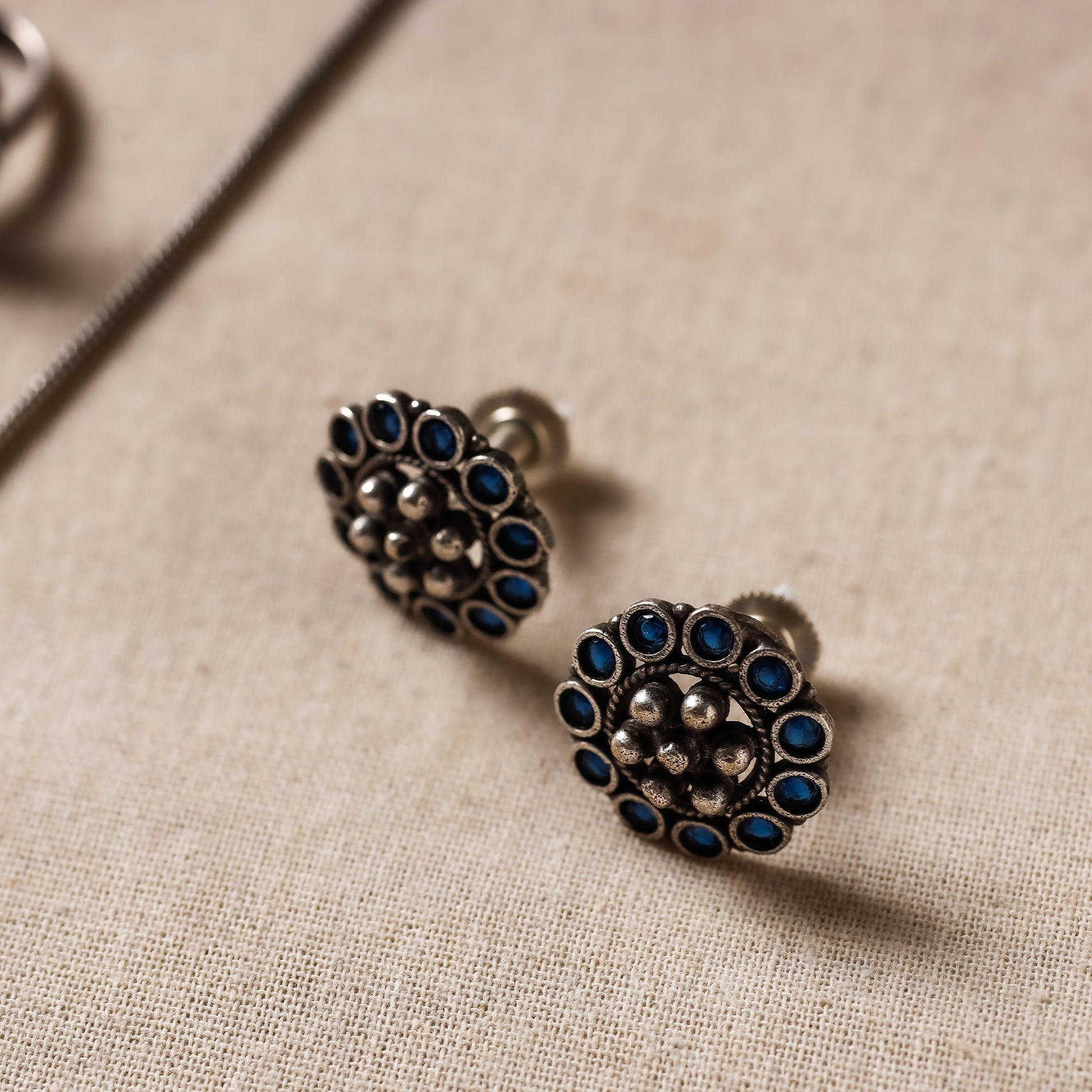 Antique Silver Finish Oxidised Brass Base Stone Work Necklace Set with Ring