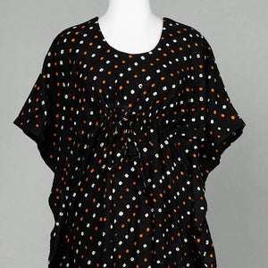 Black - Bandhani Tie-Dye Cotton Kaftan with Tie-Up Waist (Long)