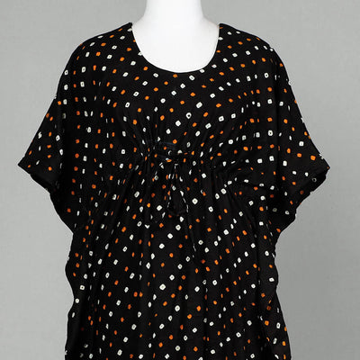 Black - Bandhani Tie-Dye Cotton Kaftan with Tie-Up Waist (Long)