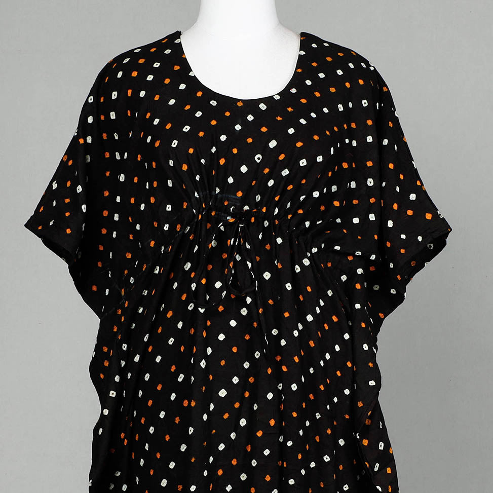 Black - Bandhani Tie-Dye Cotton Kaftan with Tie-Up Waist (Long)