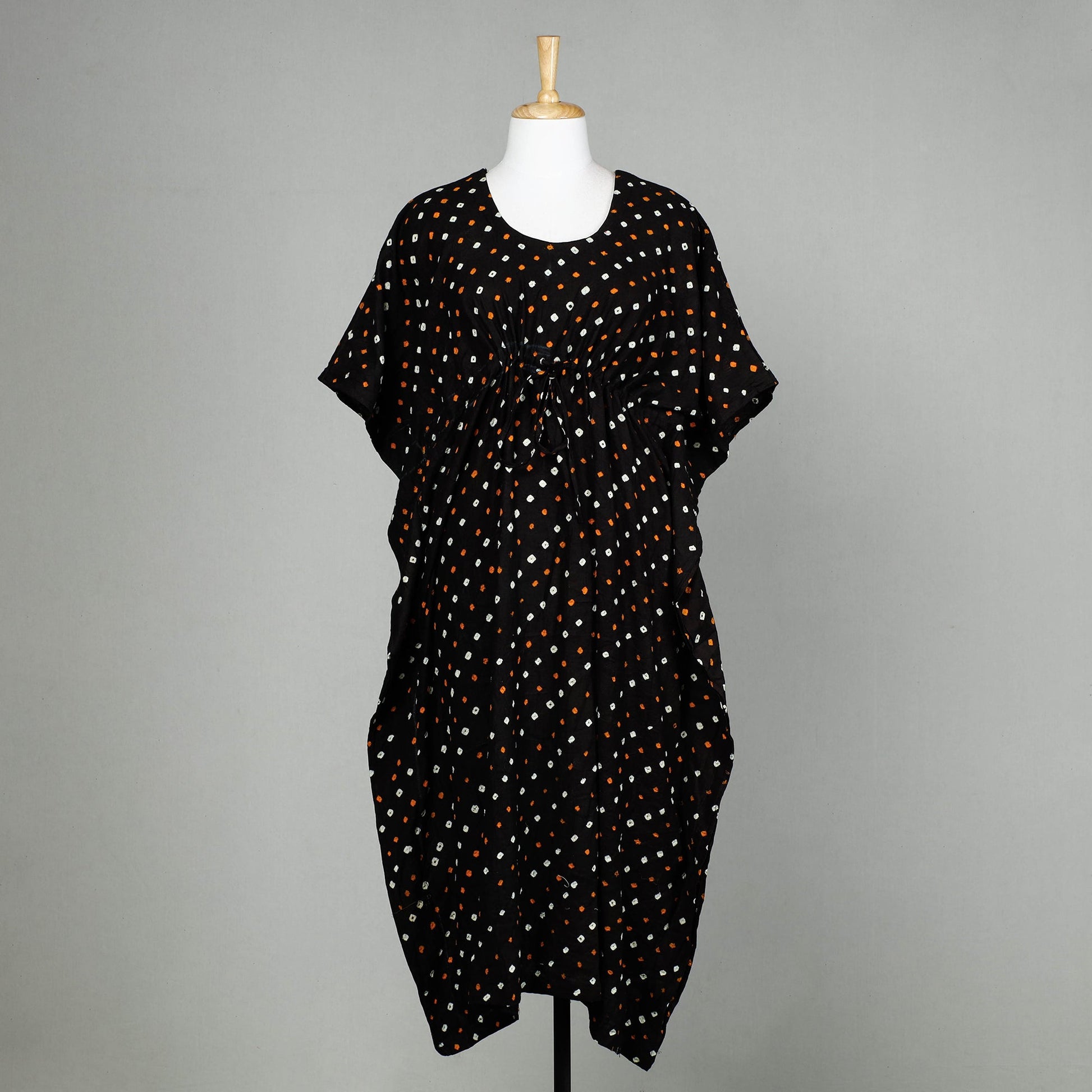 Black - Bandhani Tie-Dye Cotton Kaftan with Tie-Up Waist (Long)