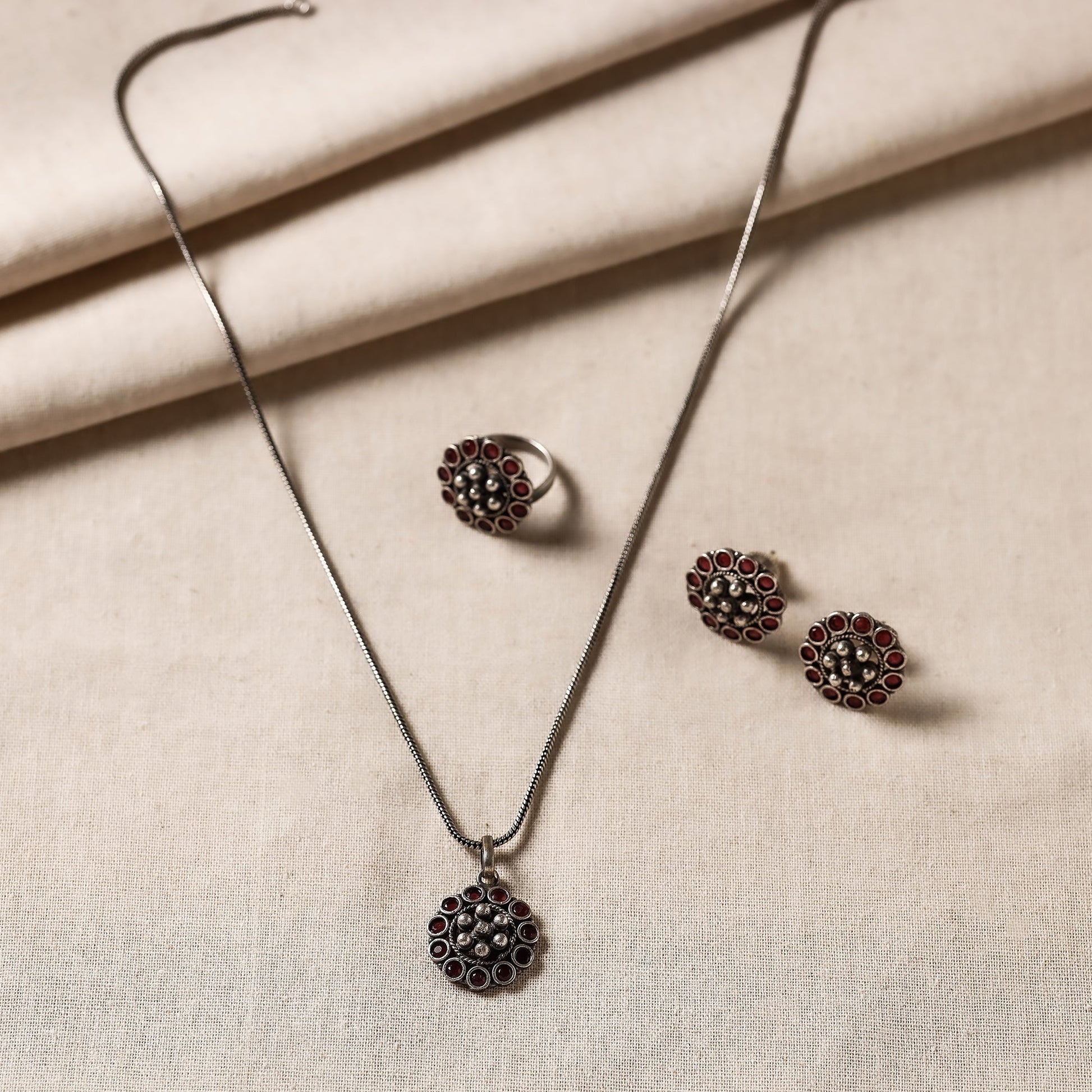 Antique Silver Finish Oxidised Brass Base Stone Work Necklace Set with Ring