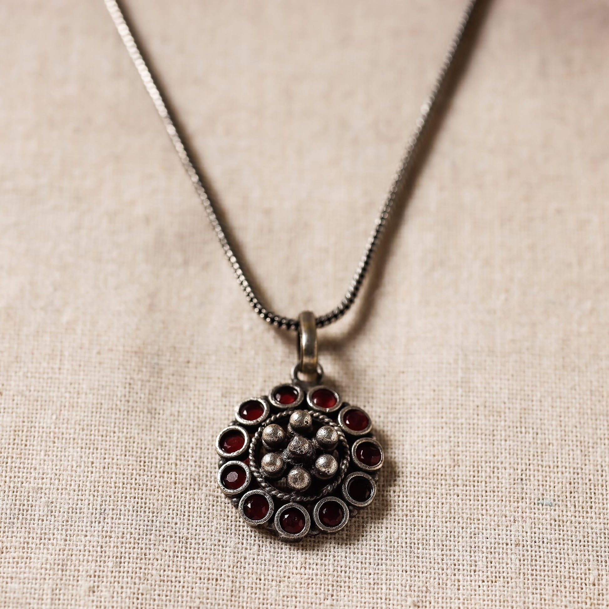 Antique Silver Finish Oxidised Brass Base Stone Work Necklace Set with Ring