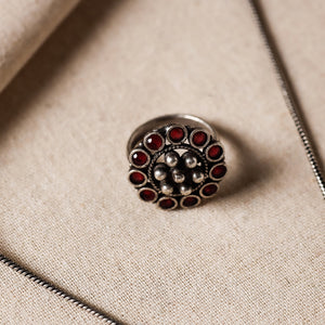 Antique Silver Finish Oxidised Brass Base Stone Work Necklace Set with Ring