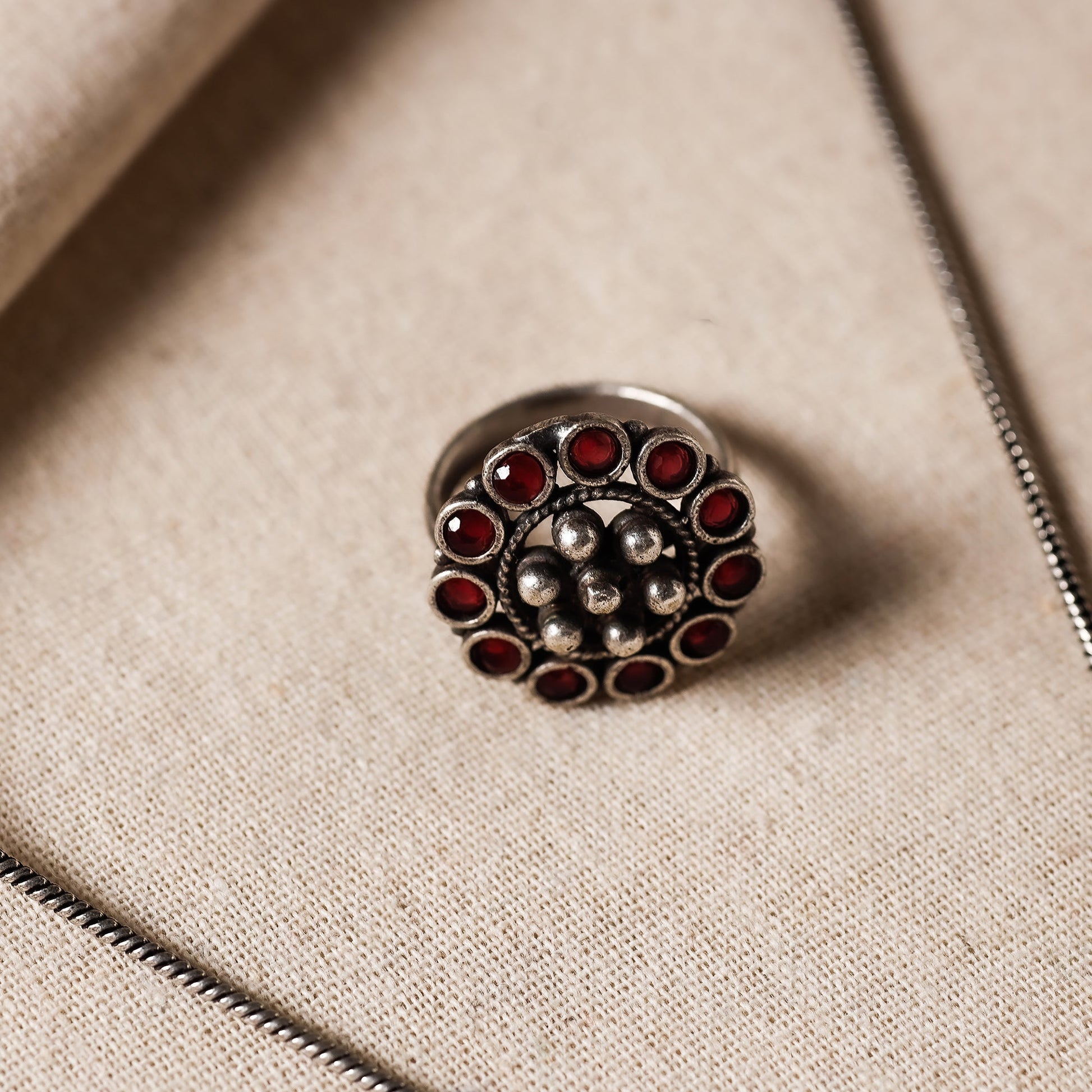 Antique Silver Finish Oxidised Brass Base Stone Work Necklace Set with Ring