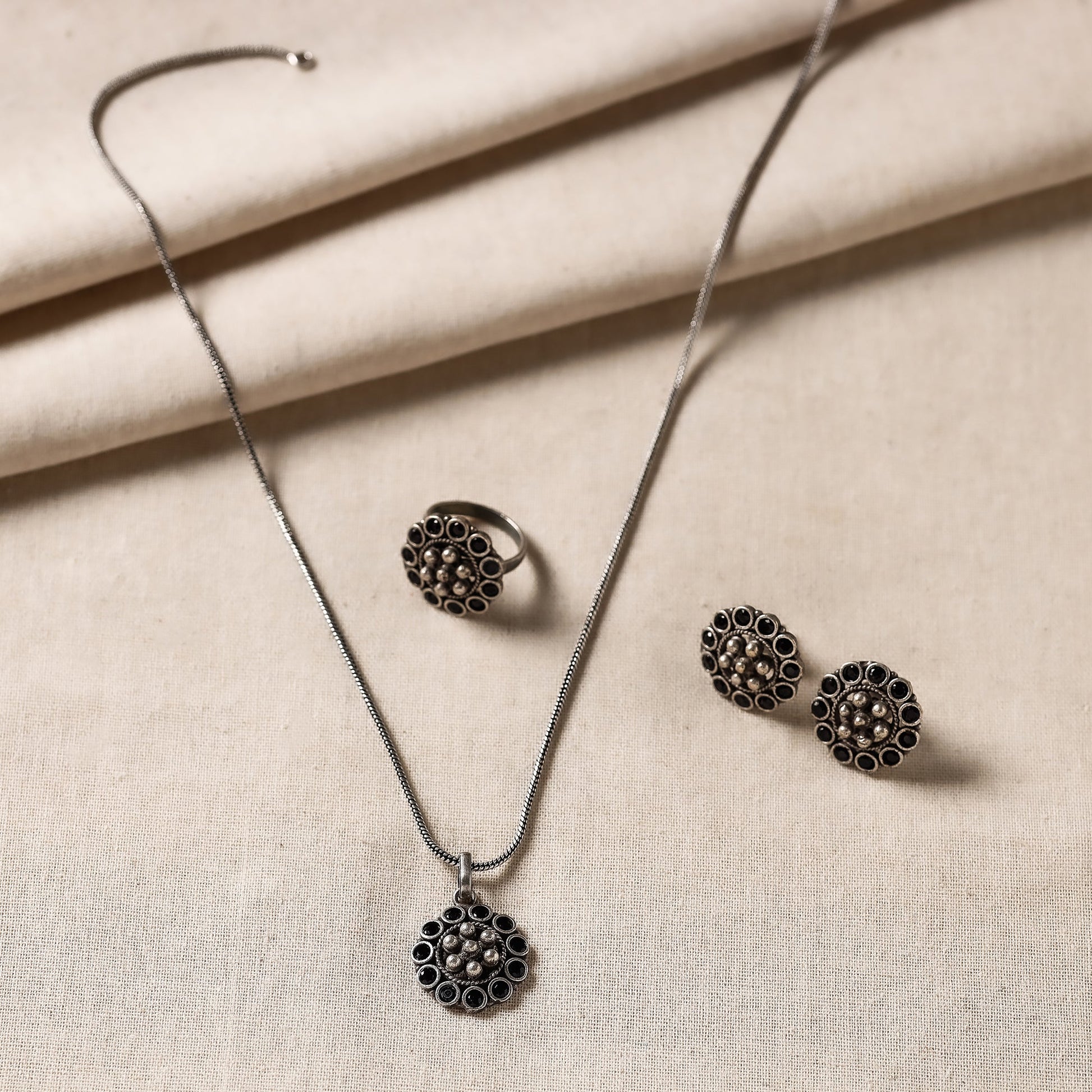Antique Silver Finish Oxidised Brass Base Stone Work Necklace Set with Ring