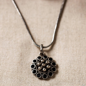 Antique Silver Finish Oxidised Brass Base Stone Work Necklace Set with Ring