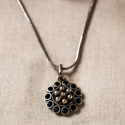 Antique Silver Finish Oxidised Brass Base Stone Work Necklace Set with Ring