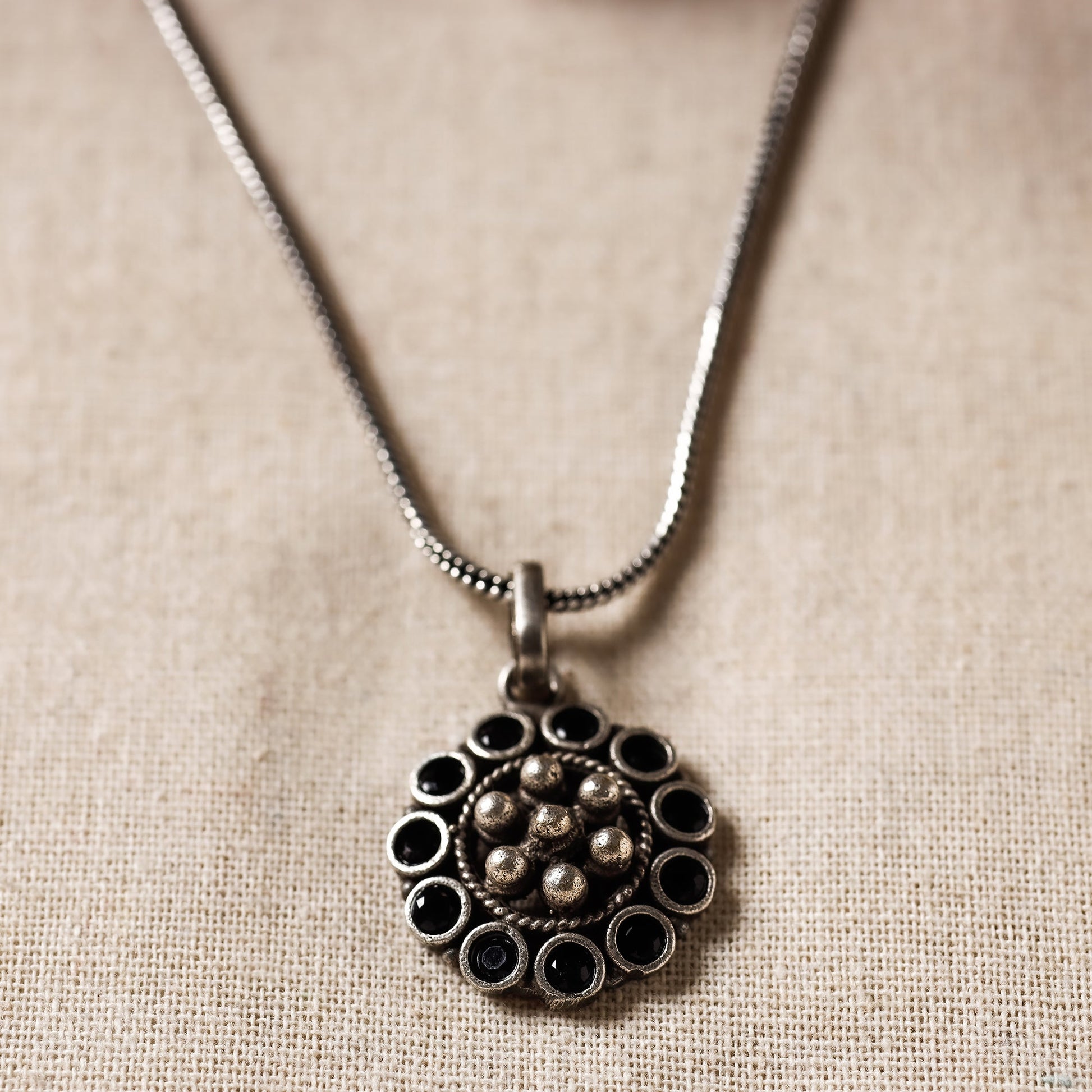 Antique Silver Finish Oxidised Brass Base Stone Work Necklace Set with Ring