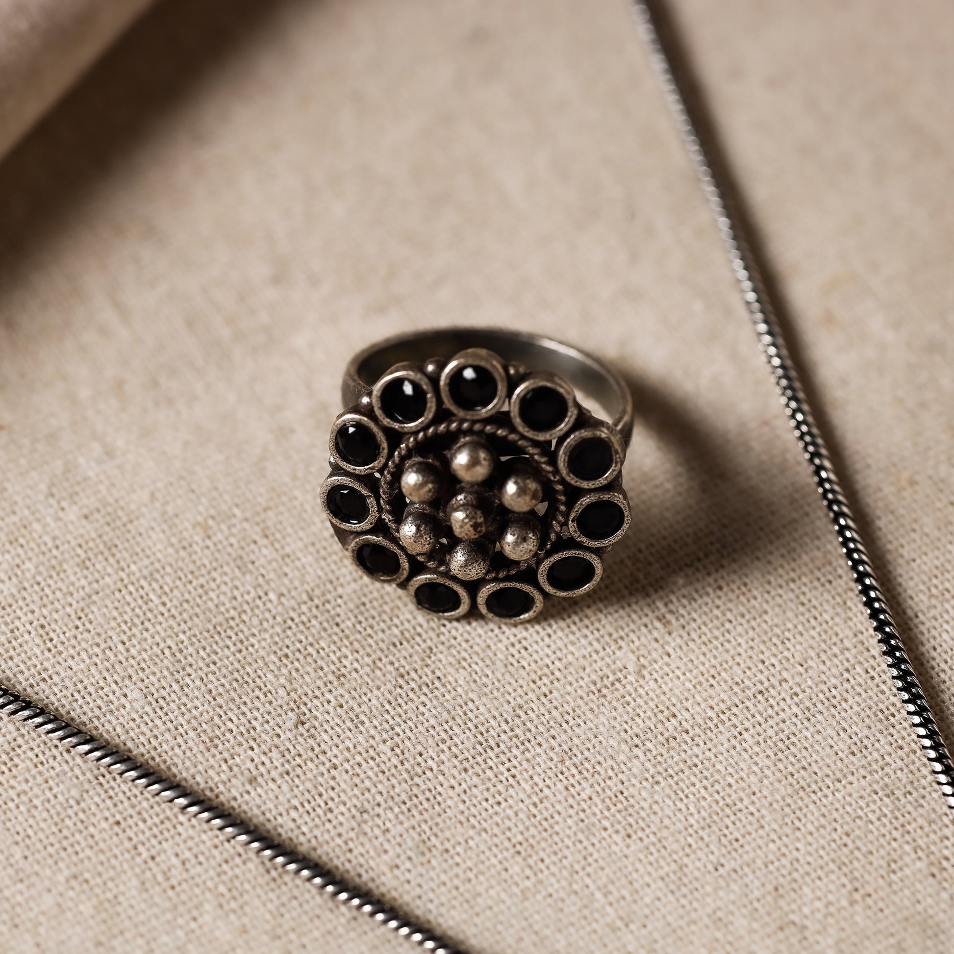 Antique Silver Finish Oxidised Brass Base Stone Work Necklace Set with Ring