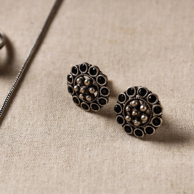 Antique Silver Finish Oxidised Brass Base Stone Work Necklace Set with Ring