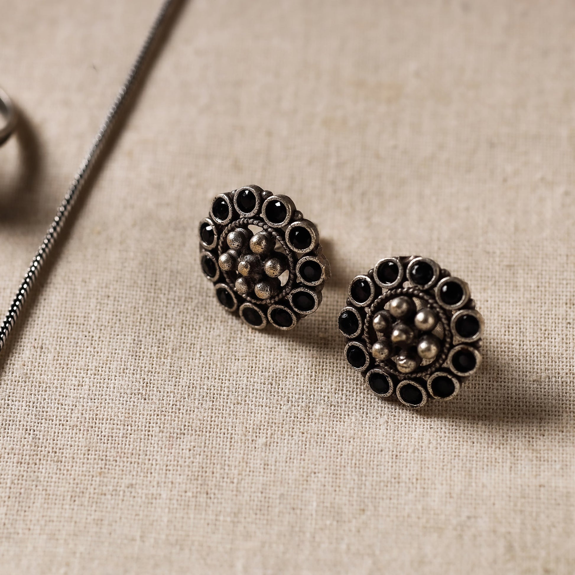 Antique Silver Finish Oxidised Brass Base Stone Work Necklace Set with Ring