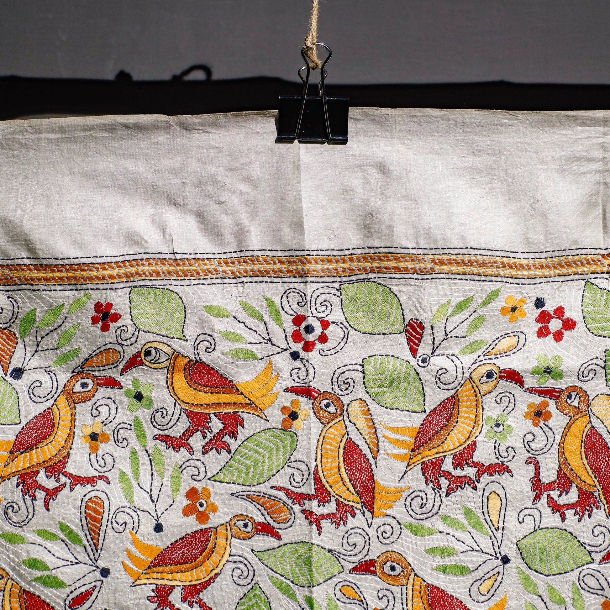 Bengal Kantha Hand Embroidery Tussar Silk Wall Hanging (18 x 43 in) 26