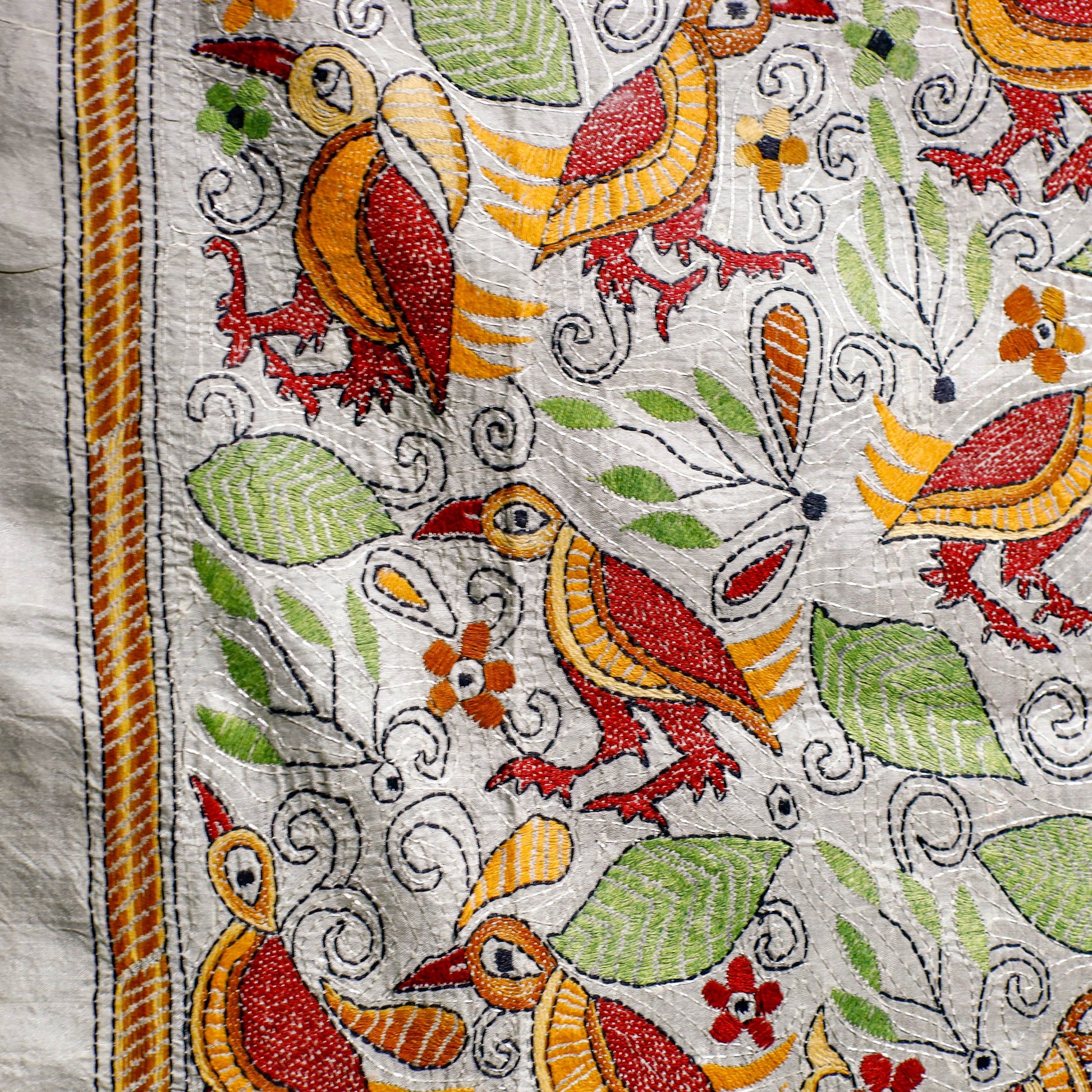Bengal Kantha Hand Embroidery Tussar Silk Wall Hanging (18 x 43 in) 26