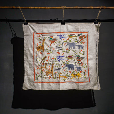 Bengal Kantha Hand Embroidery Tussar Silk Wall Hanging (35 x 40 in)