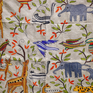 Bengal Kantha Hand Embroidery Tussar Silk Wall Hanging (35 x 40 in)