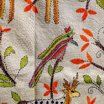 Bengal Kantha Hand Embroidery Tussar Silk Wall Hanging (35 x 40 in)