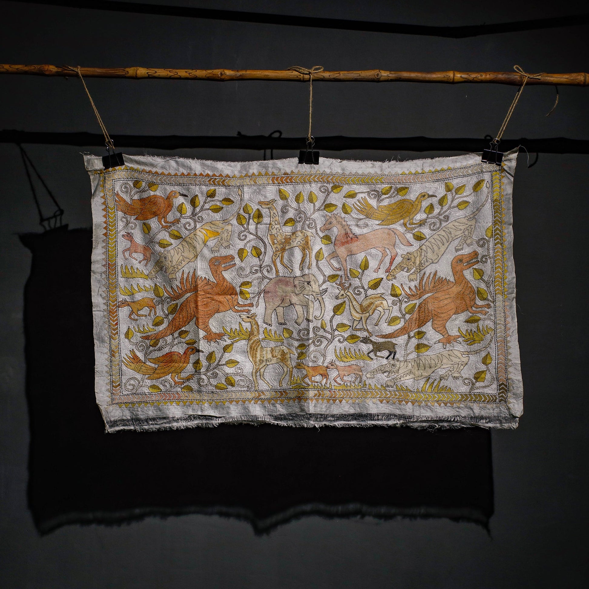 Bengal Kantha Hand Embroidery Tussar Silk Wall Hanging (27 x 44 in) 05
