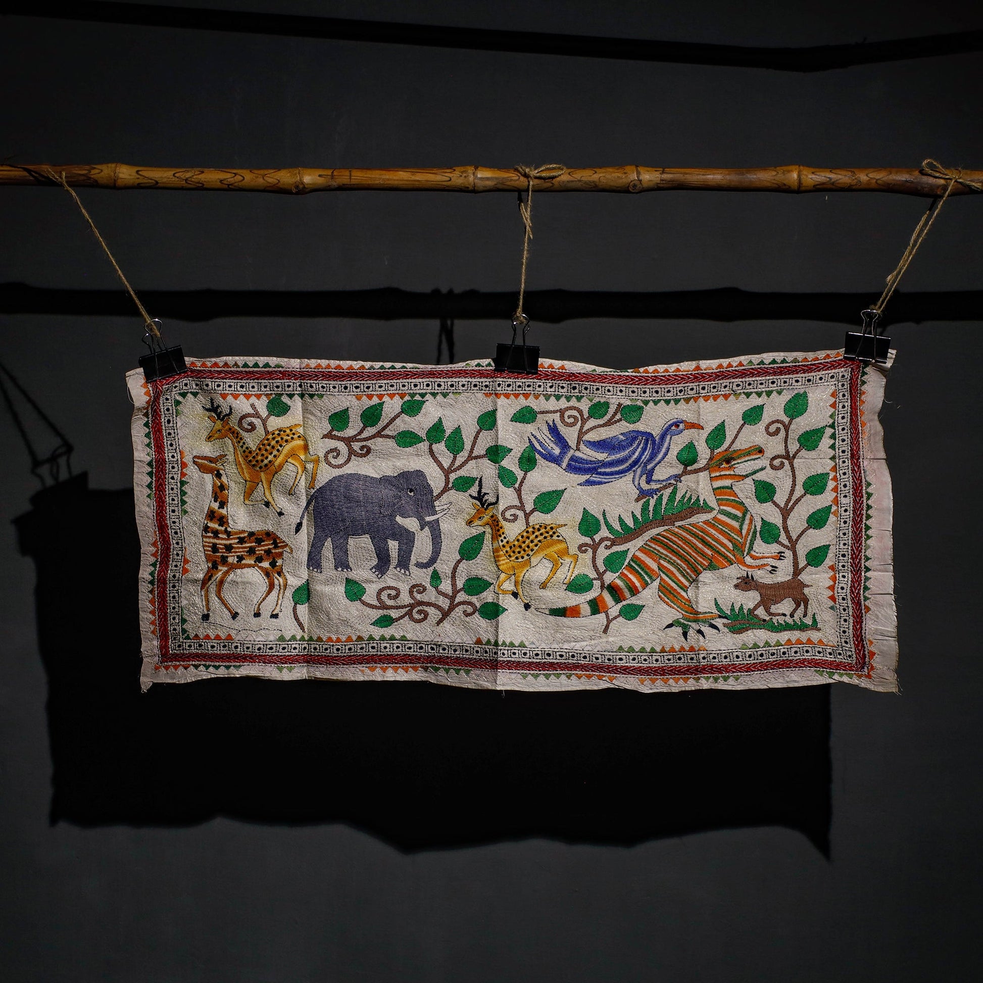 Bengal Kantha Hand Embroidery Tussar Silk Wall Hanging (16 x 36 in) 27