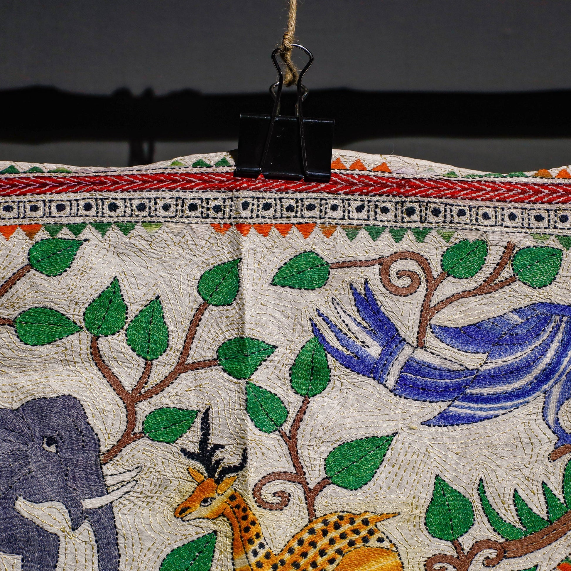 Bengal Kantha Hand Embroidery Tussar Silk Wall Hanging (16 x 36 in) 27