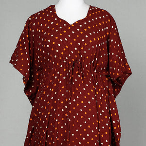 Brown - Bandhani Tie-Dye Cotton Kaftan with Tie-Up Waist (Long)