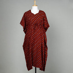 Brown - Bandhani Tie-Dye Cotton Kaftan with Tie-Up Waist (Long)