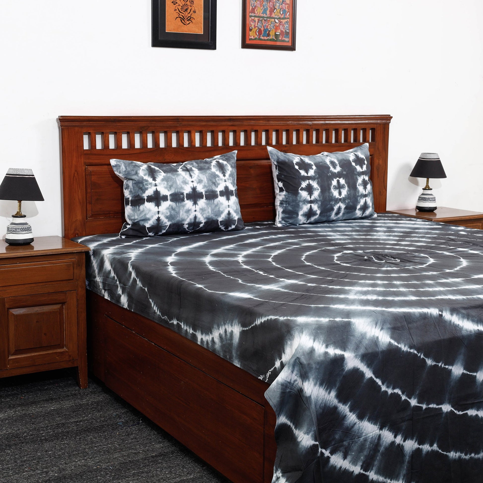 Black - Tie & Dye Cotton Double Shibori Bed Sheet Set