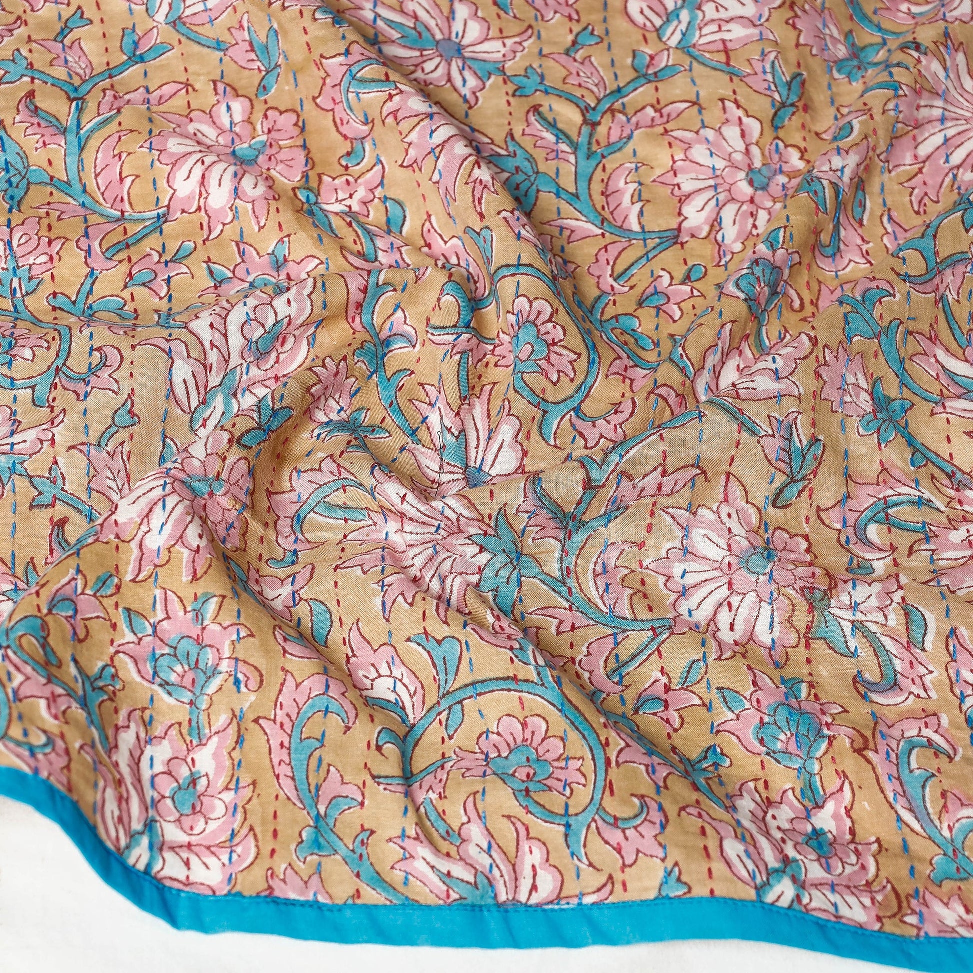 Beige - Sanganeri Block Printed Tagai Work Cotton Stole