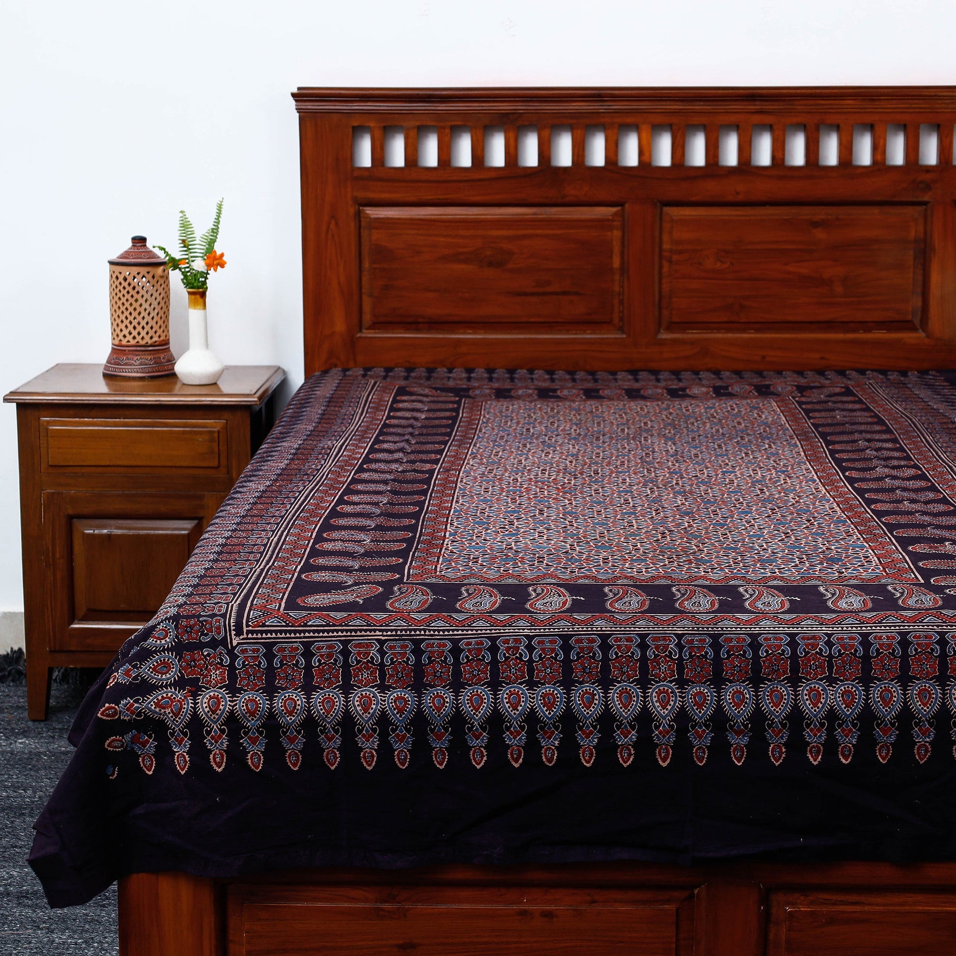 Black - Ajrakh Block Printed Cotton Single Bed Cover (90 x 60 in)