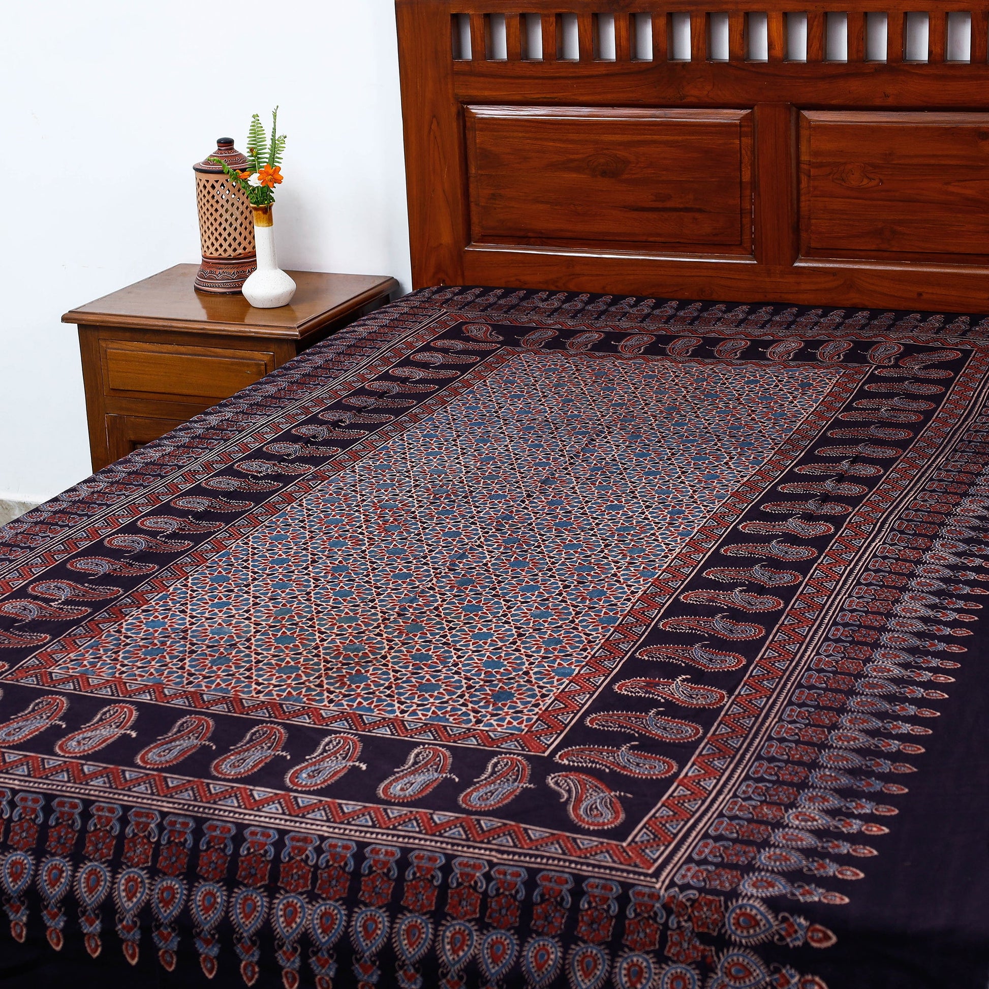 Black - Ajrakh Block Printed Cotton Single Bed Cover (90 x 60 in)