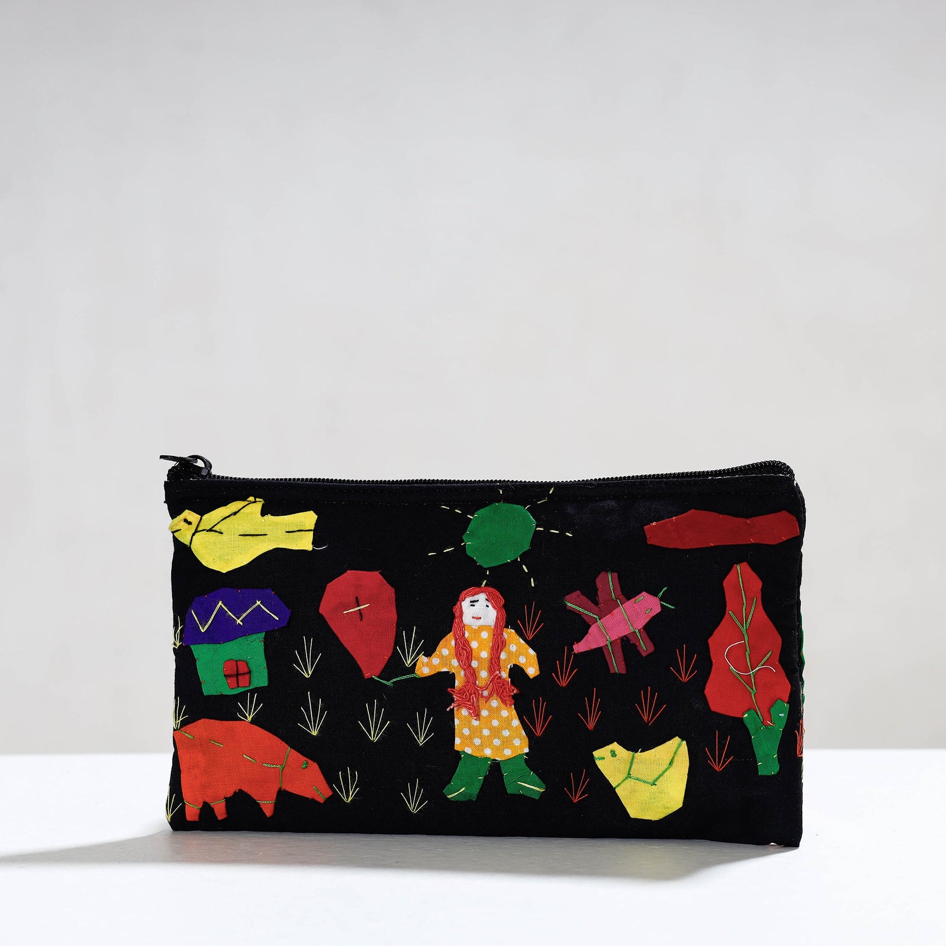 Black - Pipli Applique Work Cotton Cosmetic Pouch