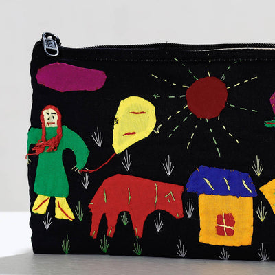 Black - Pipli Applique Work Cotton Cosmetic Pouch