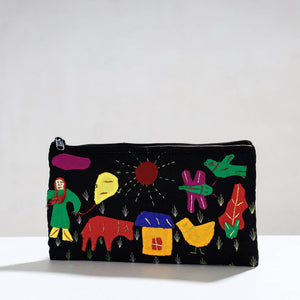 Black - Pipli Applique Work Cotton Cosmetic Pouch