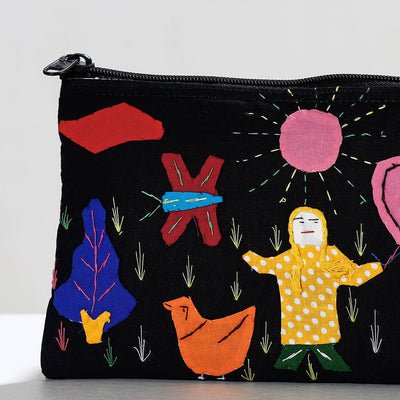 Black - Pipli Applique Work Cotton Cosmetic Pouch
