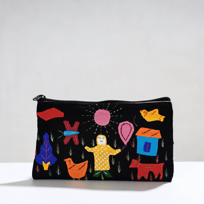 Black - Pipli Applique Work Cotton Cosmetic Pouch